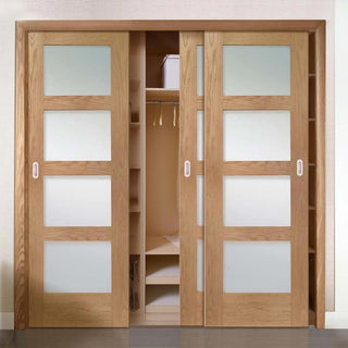 Image: Minimalist Wardrobe Door & Frame Kit - Three Shaker Oak Doors - Obscure Glass - Unfinished