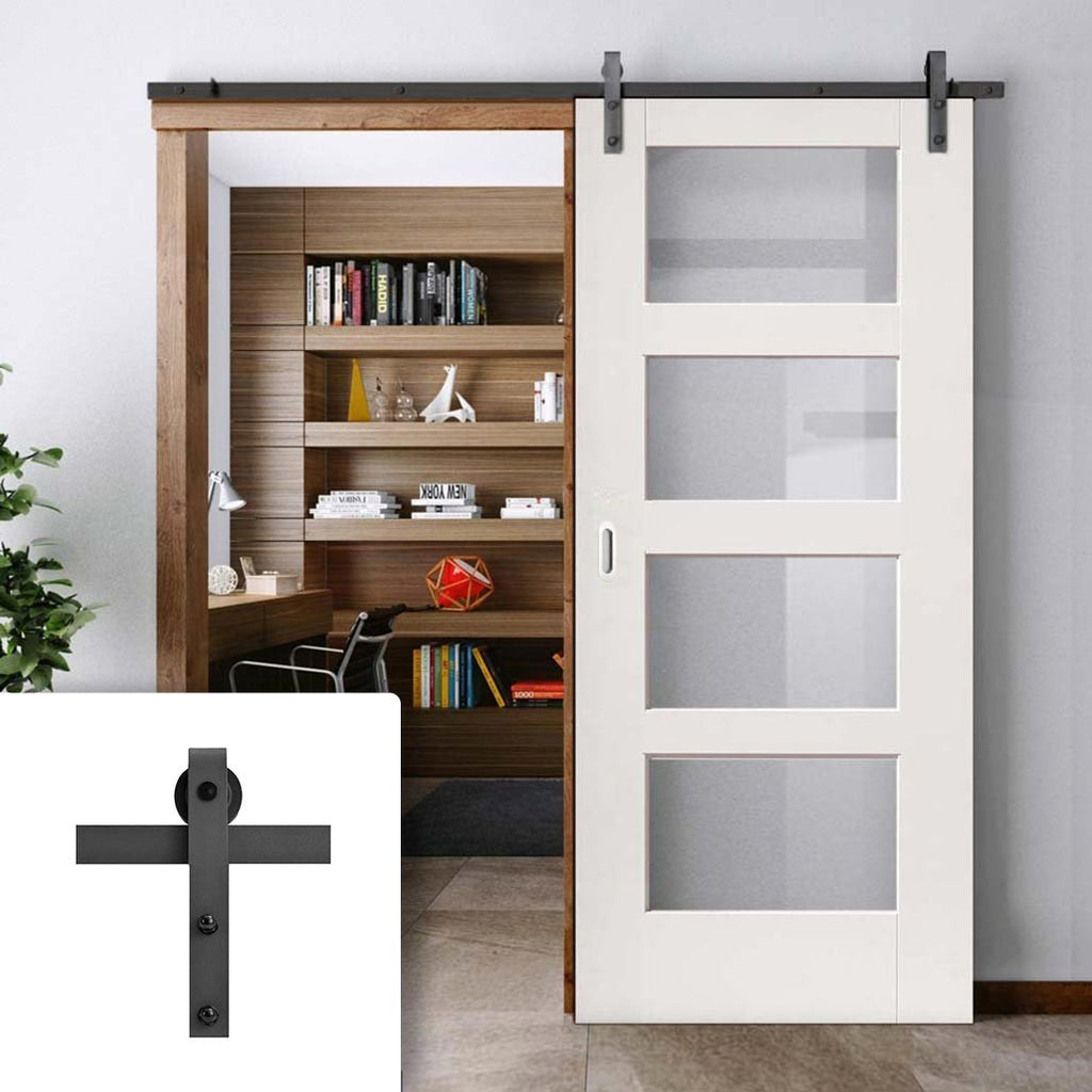 Single Sliding Door & Black Barn Track - Shaker 4 Pane Door - Clear Glass - White Primed