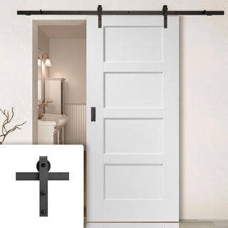 Image: Single Sliding Door & Black Barn Track - Shaker 4P Door - White Primed