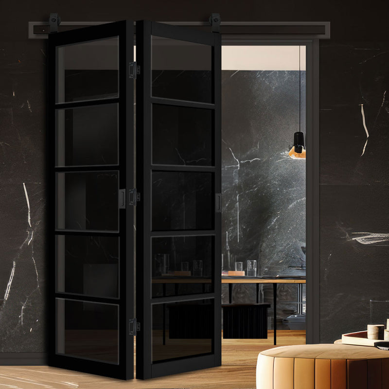 SpaceEasi Top Mounted Black Folding Track & Double Door - Shoreditch Black Door - Prefinished - Tinted Glass - Urban Collection
