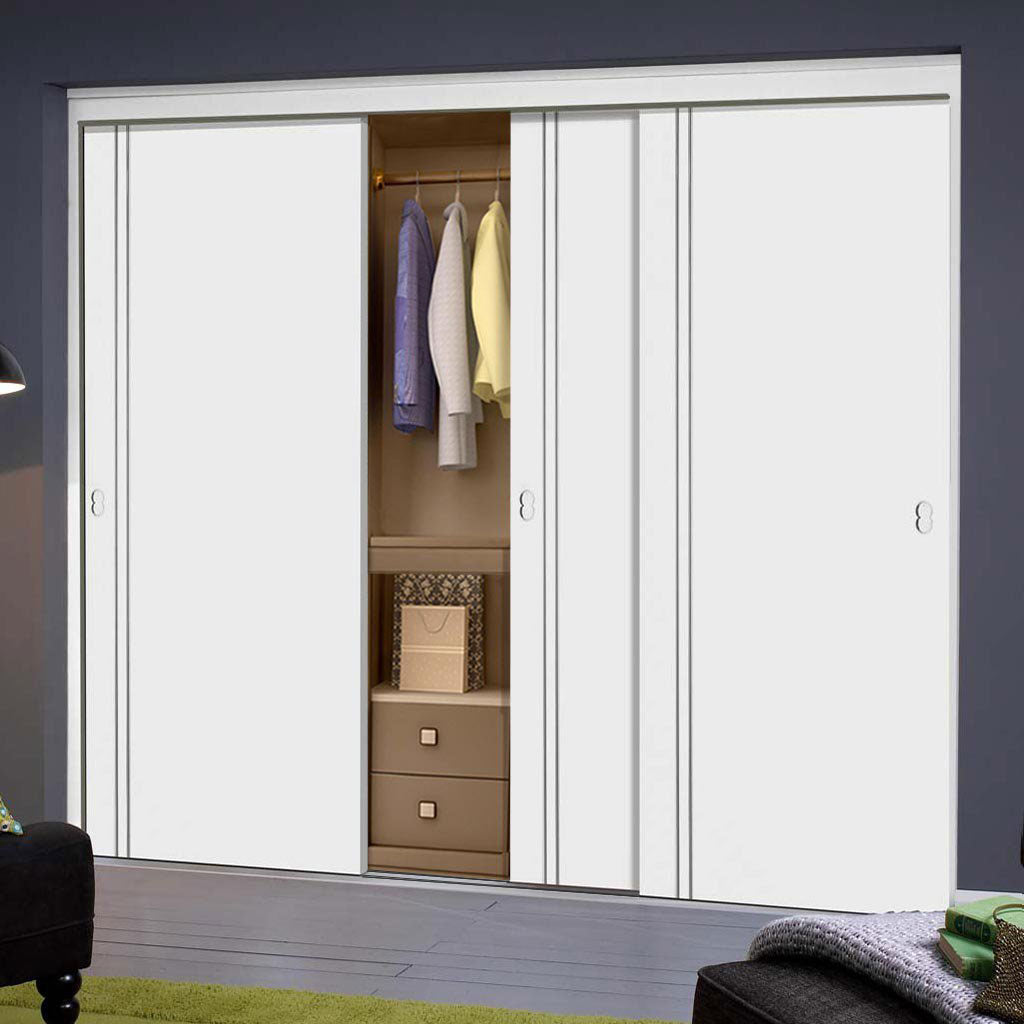 Minimalist Wardrobe Door & Frame Kit - Three Sierra Blanco Flush Doors - White Painted