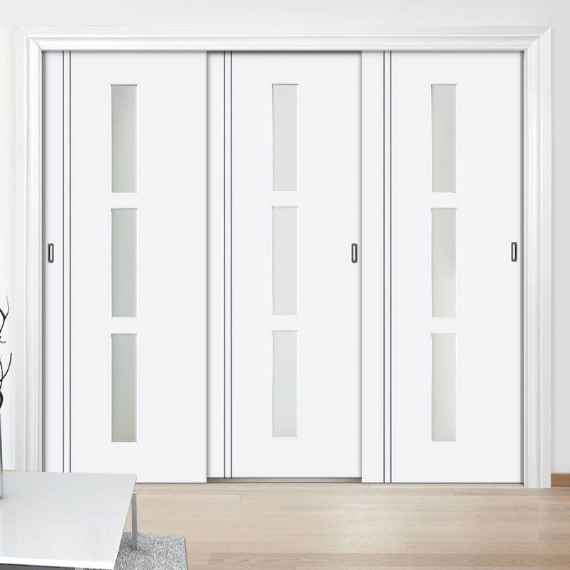 Minimalist Wardrobe Door & Frame Kit - Three Sierra Blanco Doors - Frosted Glass - White Painted