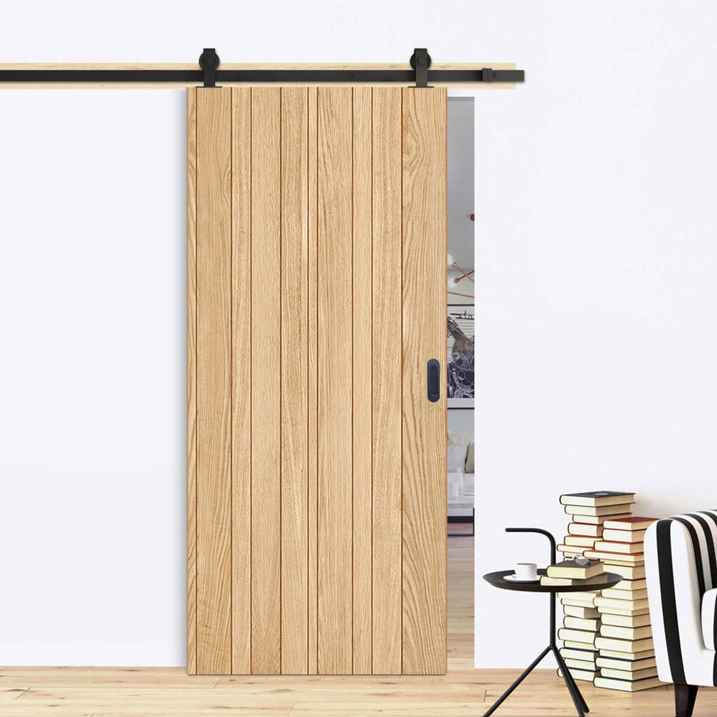 Top Mounted Black Sliding Track & Door - Montreal Oak Flush Internal Door - Prefinished