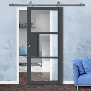 Image: Sirius Tubular Stainless Steel Track & Solid Wood Door - Eco-Urban® Breda 3 Pane 1 Panel Door DD6439G Clear Glass - 6 Colour Options