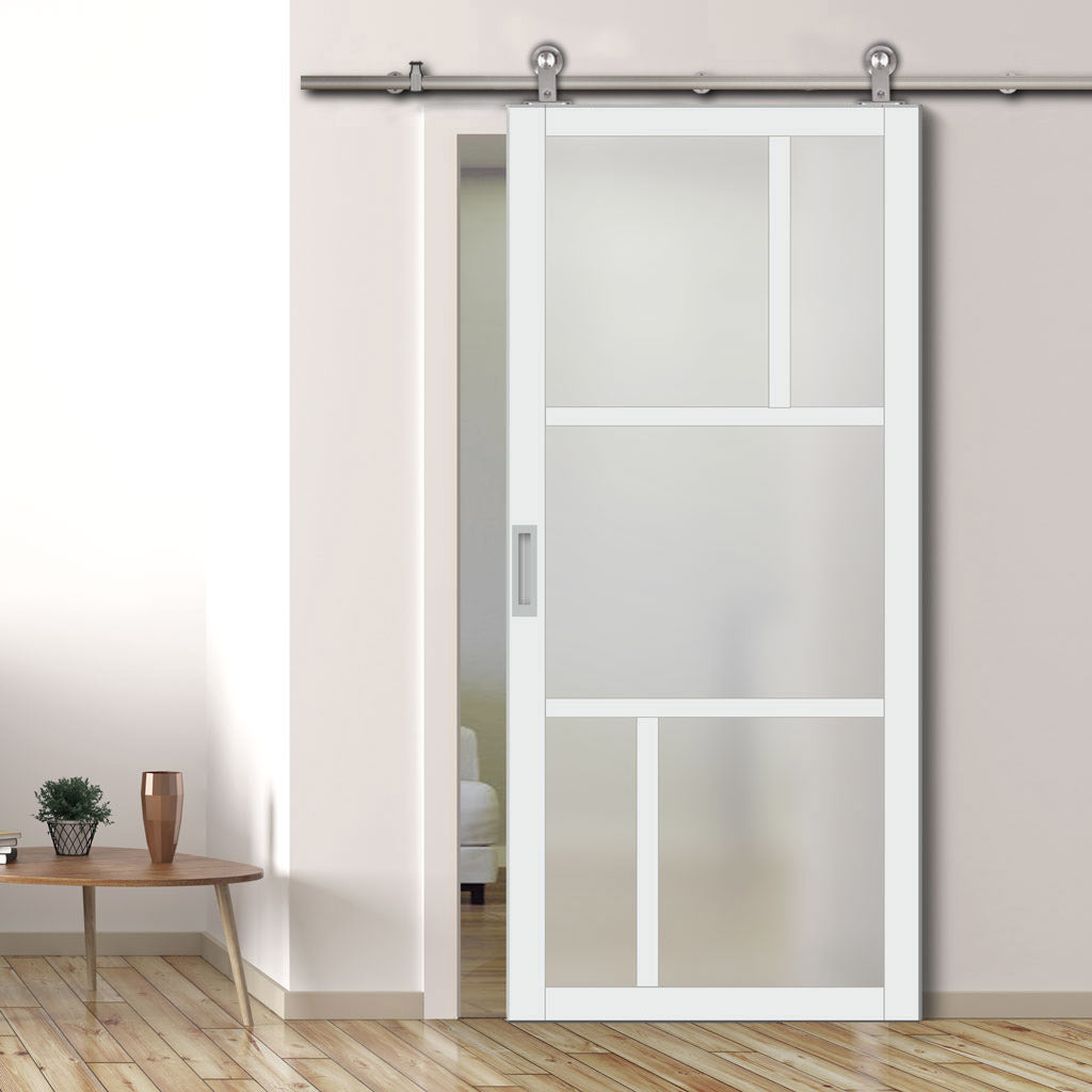 Sirius Tubular Stainless Steel Track & Solid Wood Door - Eco-Urban® Arran 5 Pane Door DD6432SG Frosted Glass - 6 Colour Options