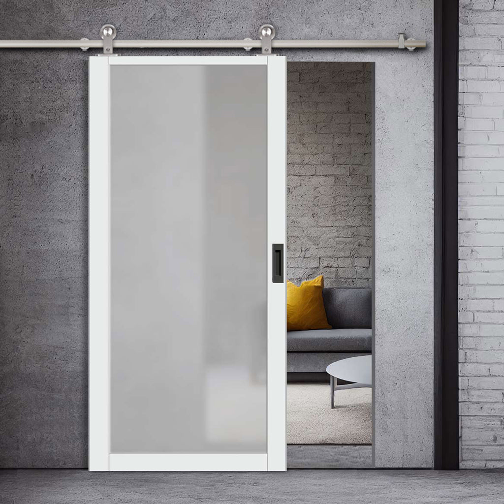Sirius Tubular Stainless Steel Track & Solid Wood Door - Eco-Urban® Baltimore 1 Pane Door DD6301SG - Frosted Glass - 6 Colour Options
