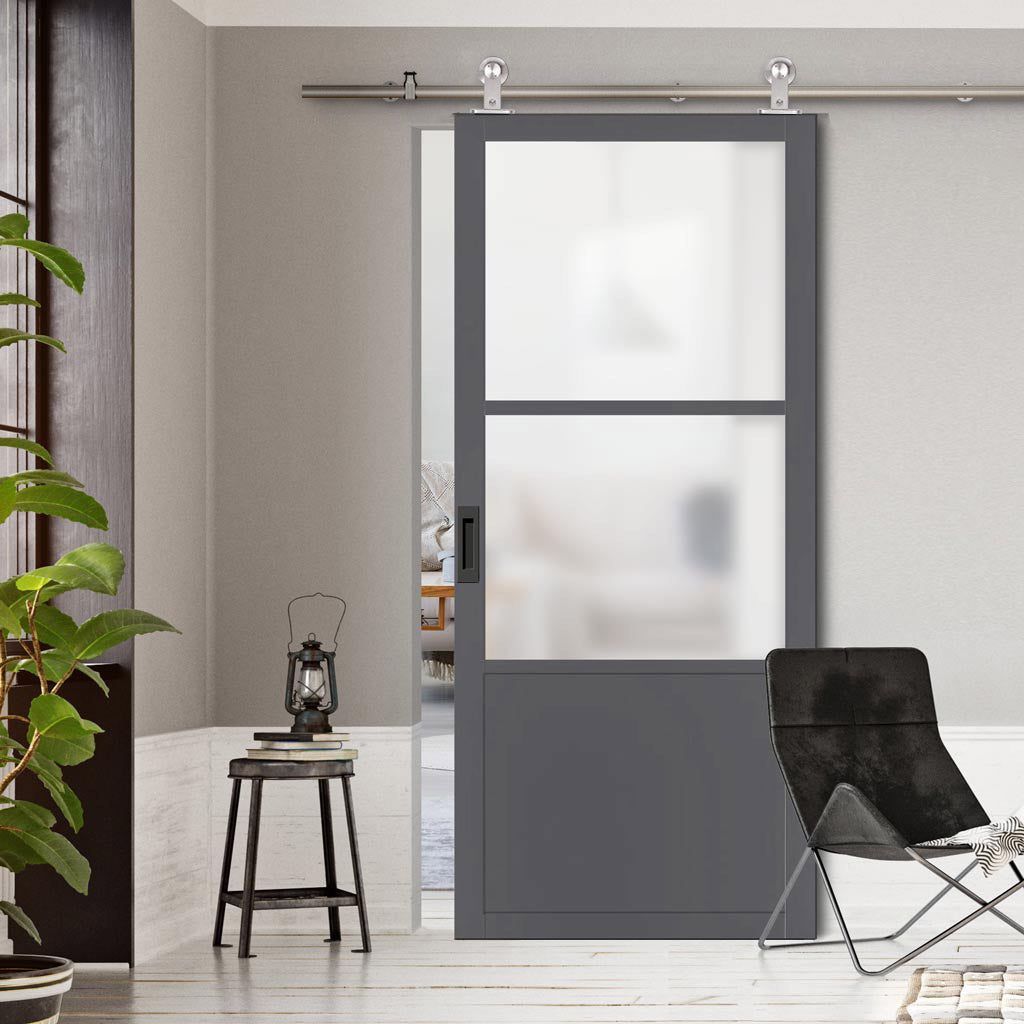 Sirius Tubular Stainless Steel Track & Solid Wood Door - Eco-Urban® Berkley 2 Pane 1 Panel Door DD6309SG - Frosted Glass - 6 Colour Options