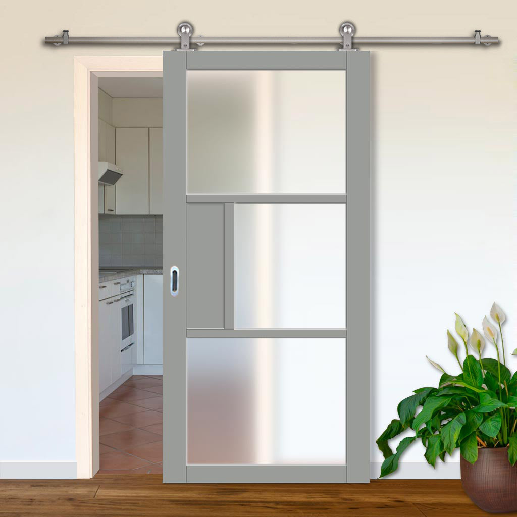 Sirius Tubular Stainless Steel Track & Solid Wood Door - Eco-Urban® Breda 3 Pane 1 Panel Door DD6439SG Frosted Glass - 6 Colour Options