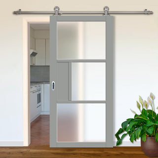 Image: Sirius Tubular Stainless Steel Track & Solid Wood Door - Eco-Urban® Breda 3 Pane 1 Panel Door DD6439SG Frosted Glass - 6 Colour Options