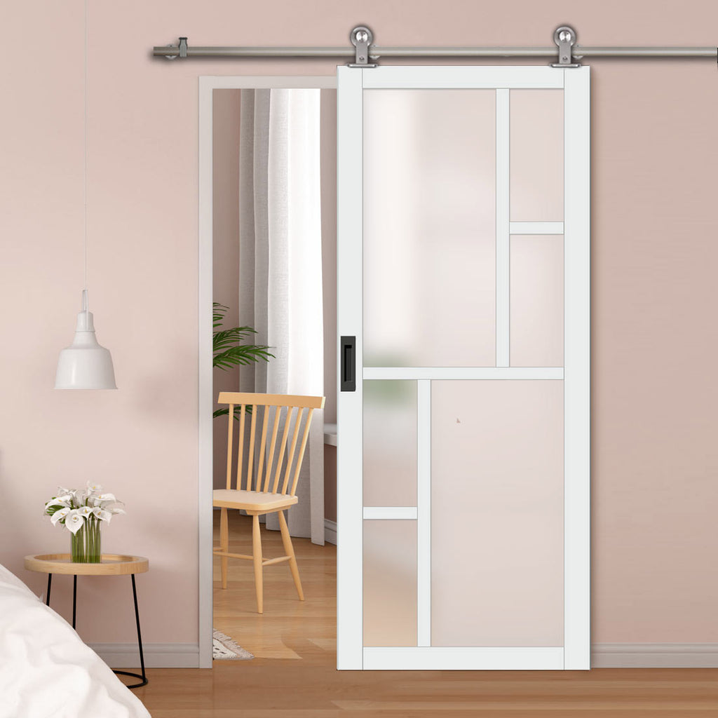 Sirius Tubular Stainless Steel Track & Solid Wood Door - Eco-Urban® Cairo 6 Pane Door DD6419SG Frosted Glass - 6 Colour Options