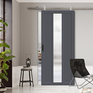 Image: Sirius Tubular Stainless Steel Track & Solid Wood Door - Eco-Urban® Cornwall 1 Pane 2 Panel Door DD6404SG Frosted Glass - 6 Colour Options