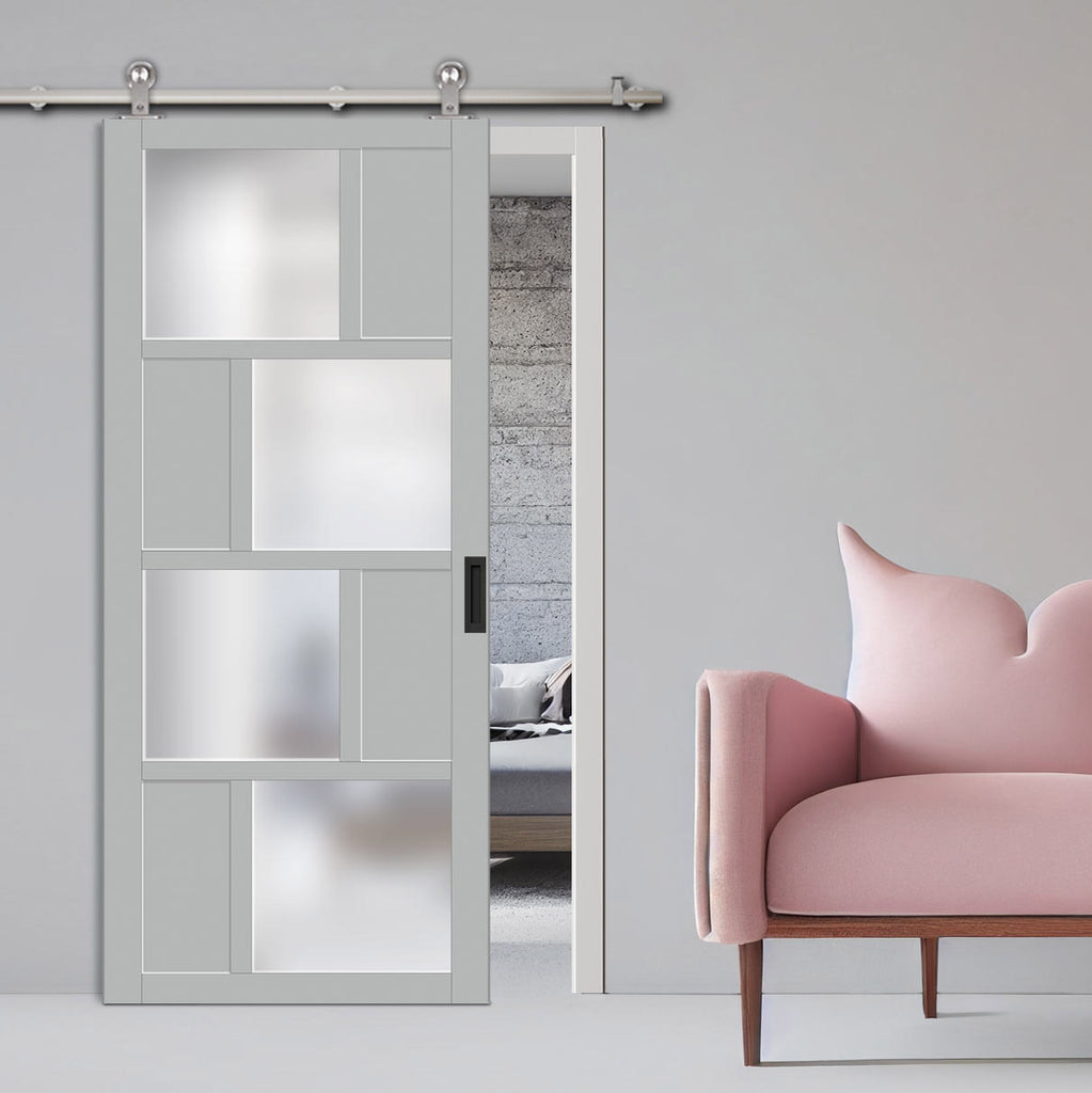 Sirius Tubular Stainless Steel Track & Solid Wood Door - Eco-Urban® Cusco 4 Pane 4 Panel Door DD6416SG Frosted Glass - 6 Colour Options