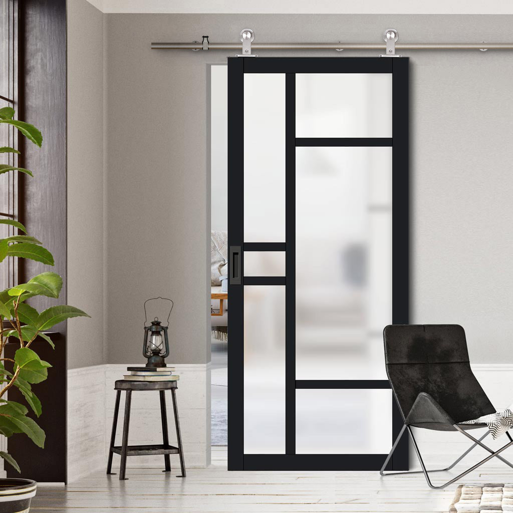 Sirius Tubular Stainless Steel Track & Solid Wood Door - Eco-Urban® Isla 6 Pane Door DD6429SG Frosted Glass - 6 Colour Options