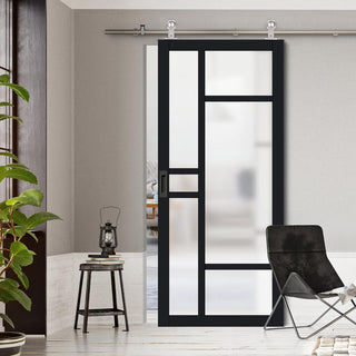 Image: Sirius Tubular Stainless Steel Track & Solid Wood Door - Eco-Urban® Isla 6 Pane Door DD6429SG Frosted Glass - 6 Colour Options
