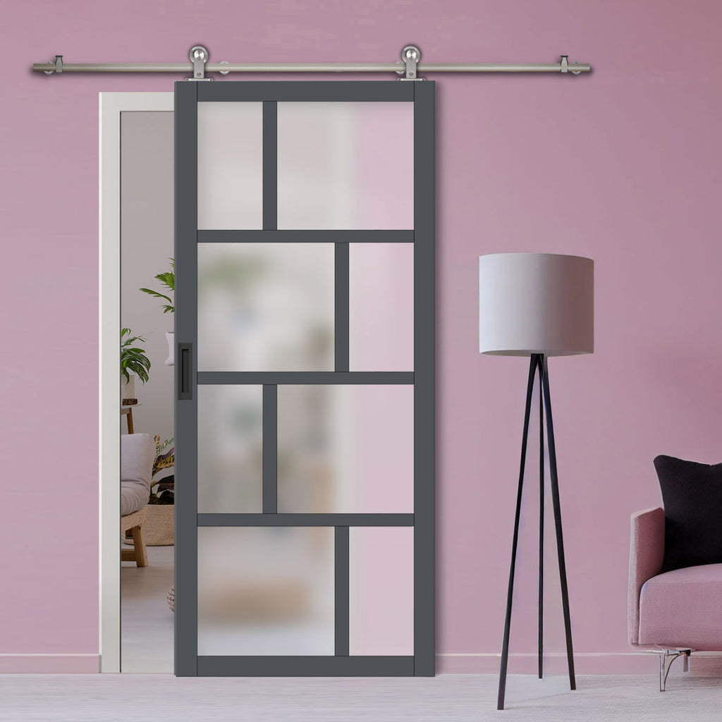 Sirius Tubular Stainless Steel Track & Door - Handcrafted Eco-Urban® Kochi 8 Pane Door DD6415SG Frosted Glass - 6 Colour Options