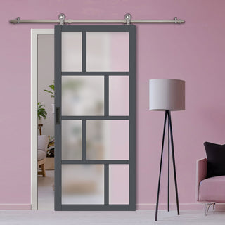 Image: Sirius Tubular Stainless Steel Track & Solid Wood Door - Eco-Urban® Kochi 8 Pane Door DD6415SG Frosted Glass - 6 Colour Options