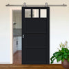 Sirius Tubular Stainless Steel Track & Solid Wood Door - Eco-Urban® Lagos 3 Pane 3 Panel Door DD6427SG Frosted Glass - 6 Colour Options