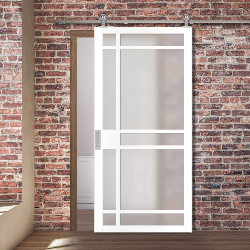 Sirius Tubular Stainless Steel Track & Solid Wood Door - Eco-Urban® Leith 9 Pane Door DD6316SG - Frosted Glass - 6 Colour Options