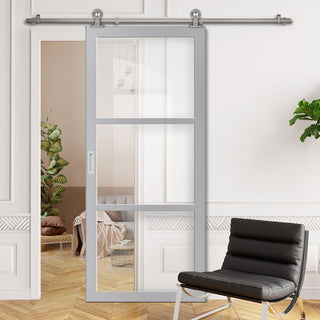 Image: Sirius Tubular Stainless Steel Track & Solid Wood Door - Eco-Urban® Manchester 3 Pane Door DD6306G - Clear Glass - 6 Colour Options