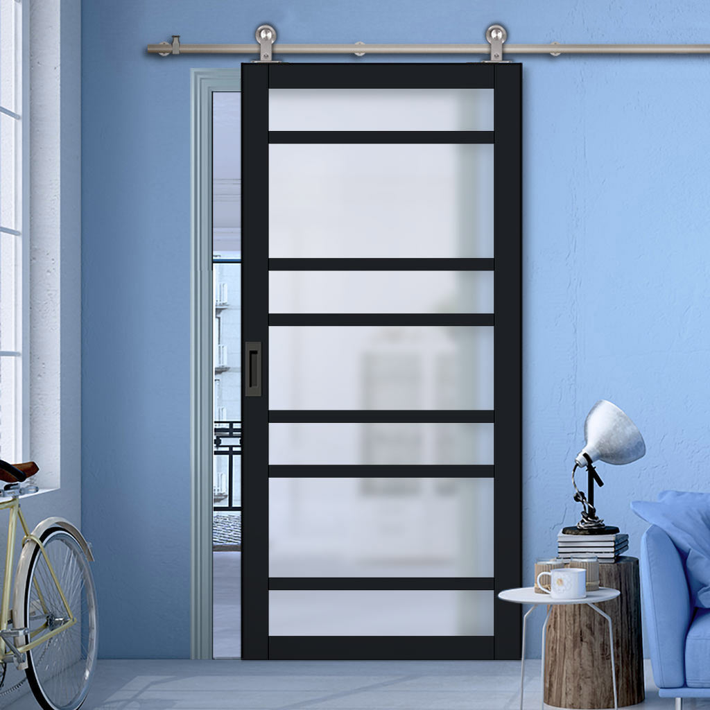 Sirius Tubular Stainless Steel Track & Solid Wood Door - Eco-Urban® Metropolitan 7 Pane Door DD6405SG Frosted Glass - 6 Colour Options