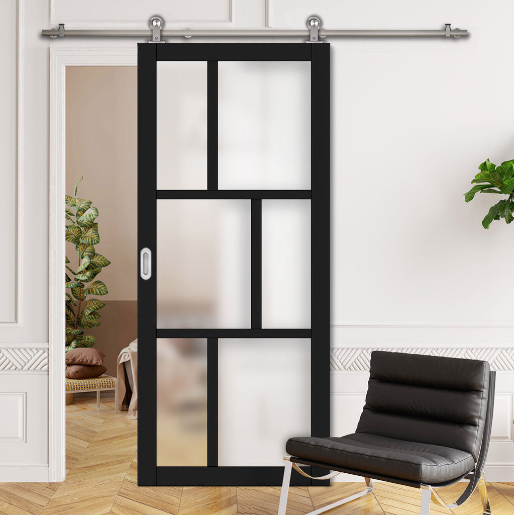 Sirius Tubular Stainless Steel Track & Solid Wood Door - Eco-Urban® Milan 6 Pane Door DD6422SG Frosted Glass - 6 Colour Options