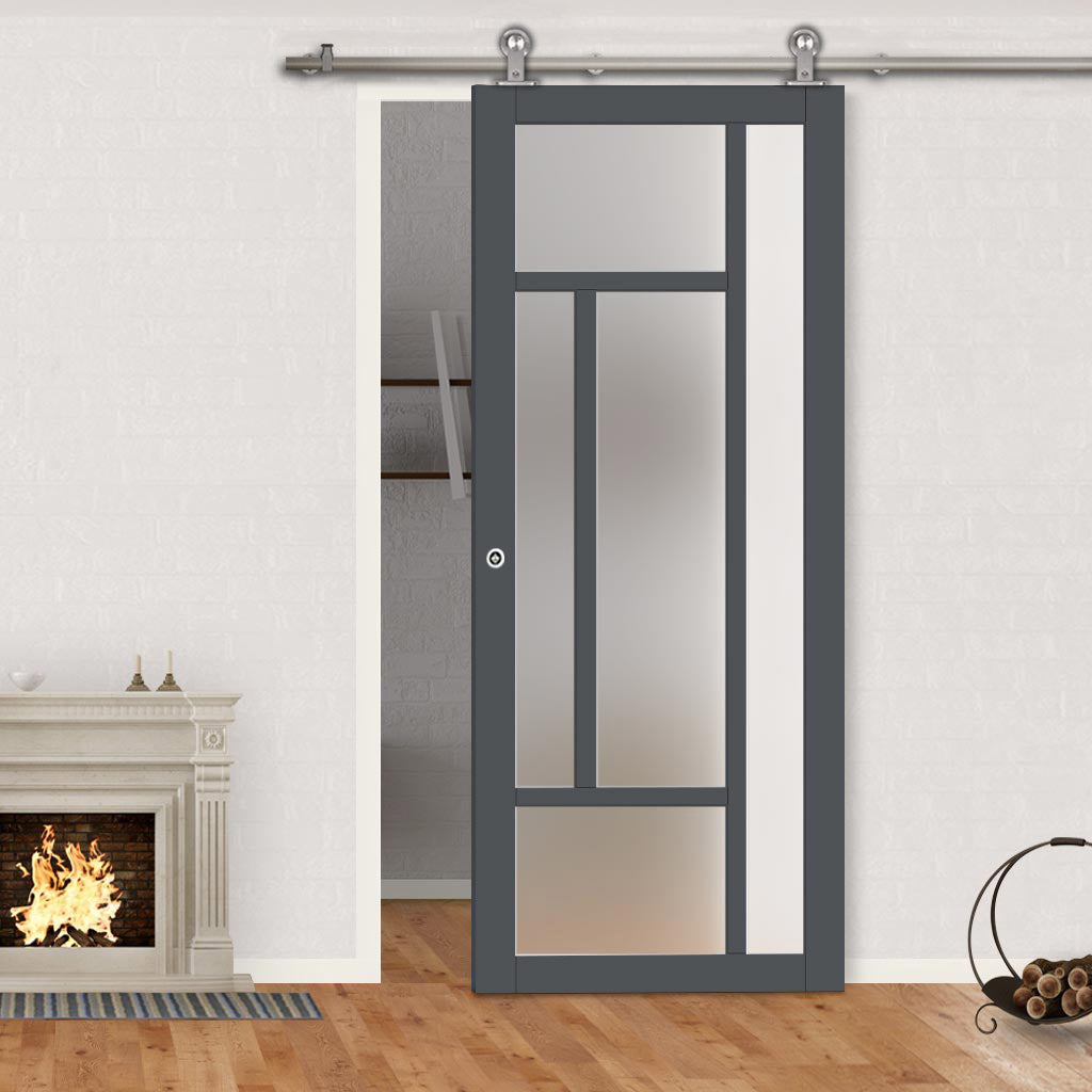 Sirius Tubular Stainless Steel Track & Solid Wood Door - Eco-Urban® Morningside 5 Pane Door DD6437SG Frosted Glass - 6 Colour Options