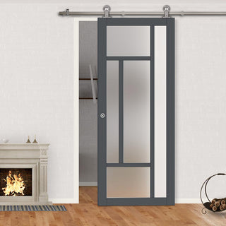Image: Sirius Tubular Stainless Steel Track & Solid Wood Door - Eco-Urban® Morningside 5 Pane Door DD6437SG Frosted Glass - 6 Colour Options