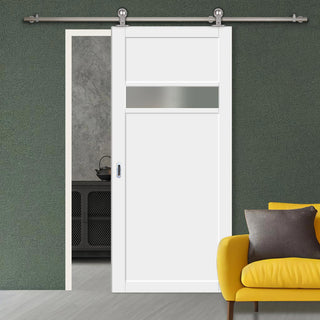Image: Sirius Tubular Stainless Steel Track & Solid Wood Door - Eco-Urban® Orkney 1 Pane 2 Panel Door DD6403SG Frosted Glass - 6 Colour Options