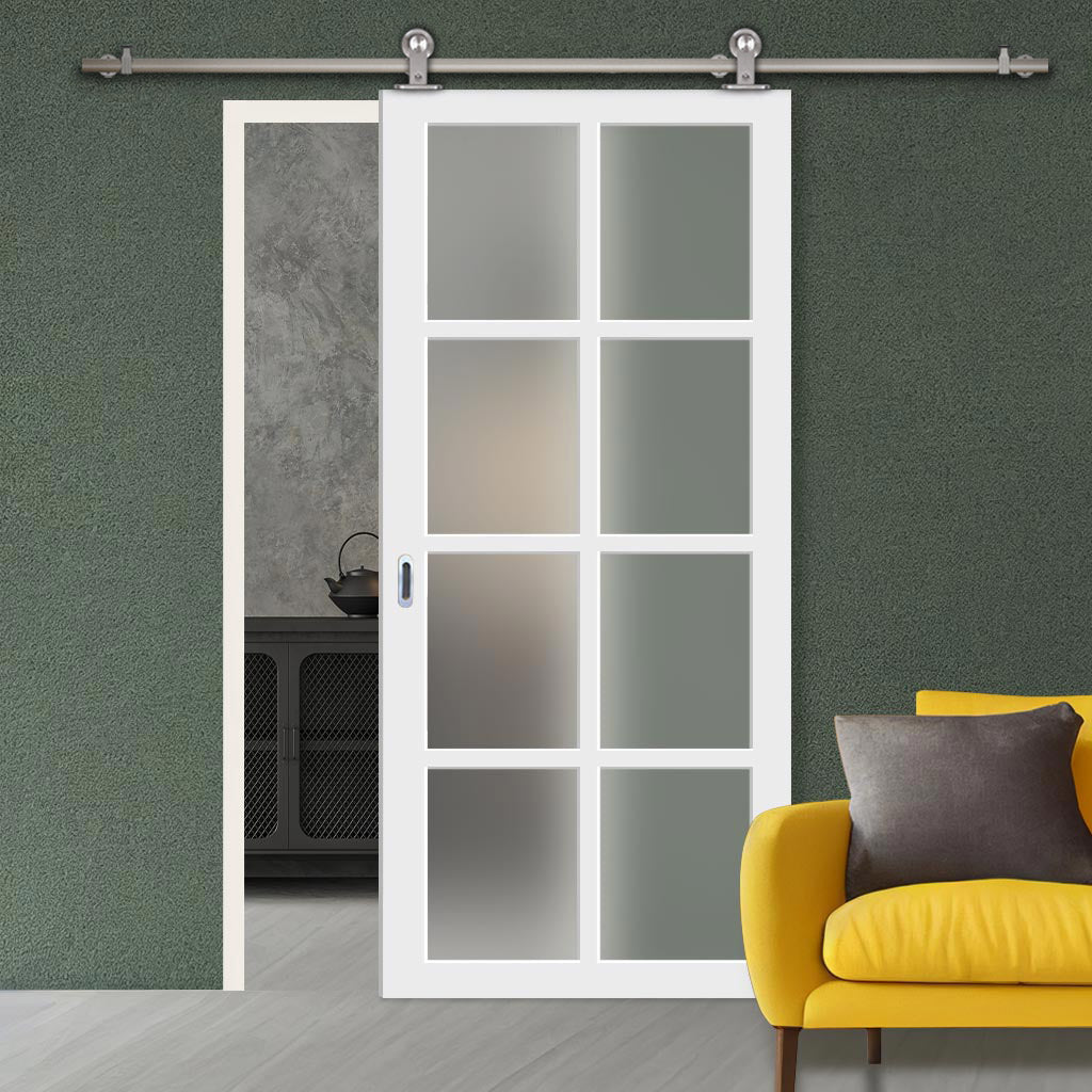 Sirius Tubular Stainless Steel Track & Solid Wood Door - Eco-Urban® Perth 8 Pane Door DD6318SG - Frosted Glass - 6 Colour Options