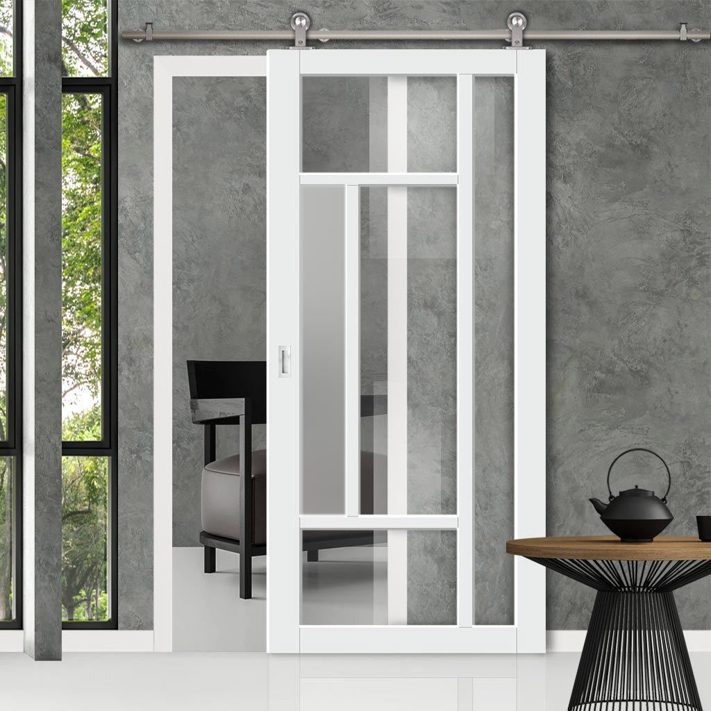 Sirius Tubular Stainless Steel Track & Solid Wood Door - Eco-Urban® Portobello 5 Pane Door DD6438G Clear Glass(1 FROSTED PANE) - 6 Colour Options