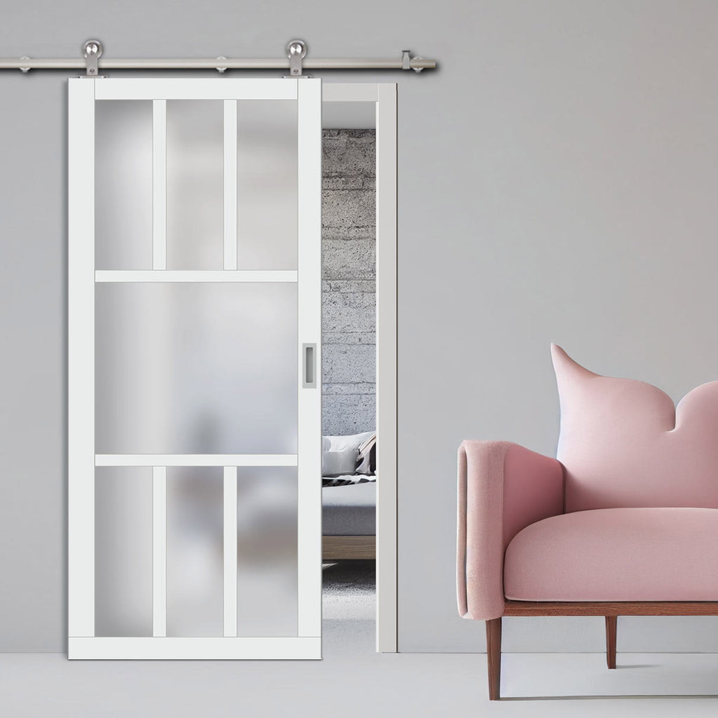 Sirius Tubular Stainless Steel Track & Solid Wood Door - Eco-Urban® Queensland 7 Pane Door DD6424SG Frosted Glass - 6 Colour Options