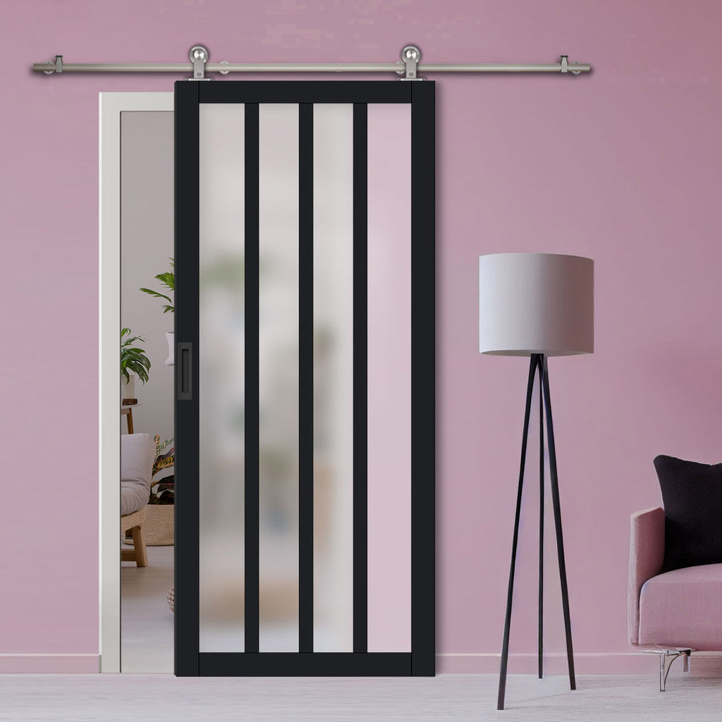 Sirius Tubular Stainless Steel Track & Solid Wood Door - Eco-Urban® Sintra 4 Pane Door DD6428SG Frosted Glass - 6 Colour Options