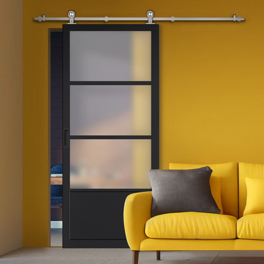 Sirius Tubular Stainless Steel Track & Solid Wood Door - Eco-Urban® Staten 3 Pane 1 Panel Door DD6310SG - Frosted Glass - 6 Colour Options