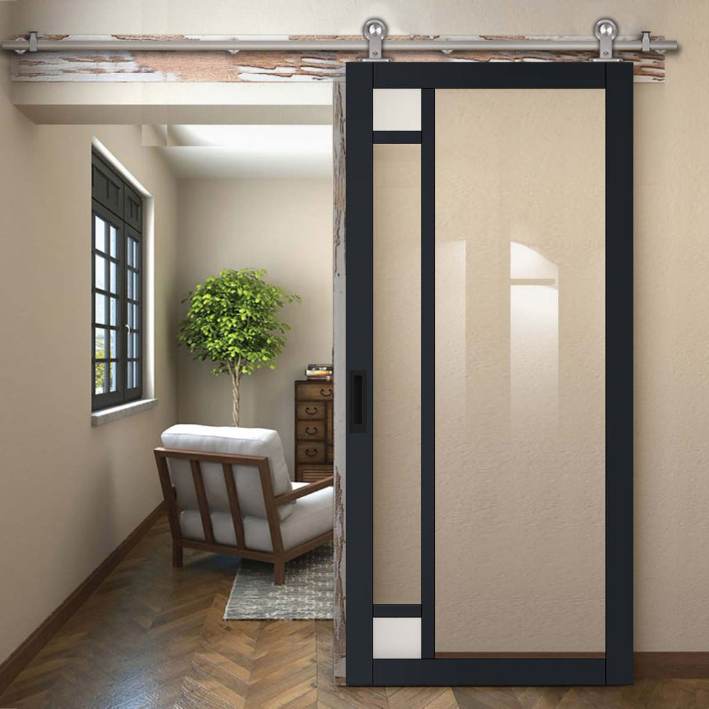 Sirius Tubular Stainless Steel Track & Solid Wood Door - Eco-Urban® Suburban 4 Pane Door DD6411G Clear Glass(2 FROSTED CORNER PANES)- 6 Colour Options