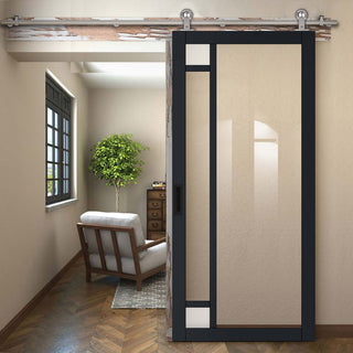Image: Sirius Tubular Stainless Steel Track & Solid Wood Door - Eco-Urban® Suburban 4 Pane Door DD6411G Clear Glass(2 FROSTED CORNER PANES)- 6 Colour Options