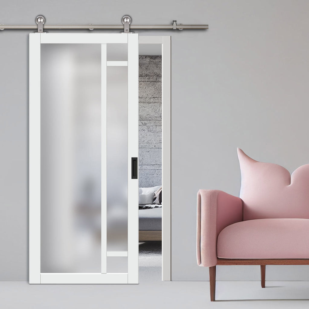 Sirius Tubular Stainless Steel Track & Solid Wood Door - Eco-Urban® Suburban 4 Pane Door DD6411SG Frosted Glass - 6 Colour Options