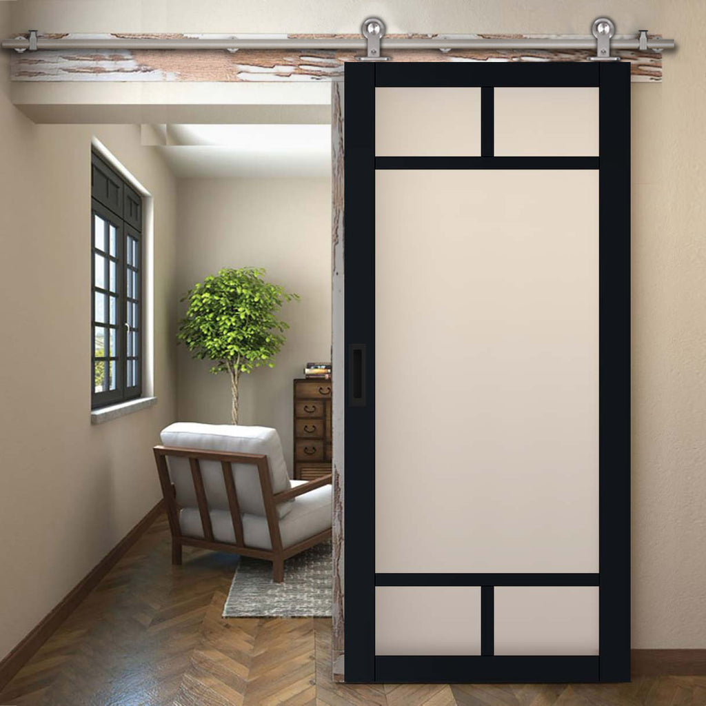 Sirius Tubular Stainless Steel Track & Solid Wood Door - Eco-Urban® Sydney 5 Pane Door DD6417SG Frosted Glass - 6 Colour Options