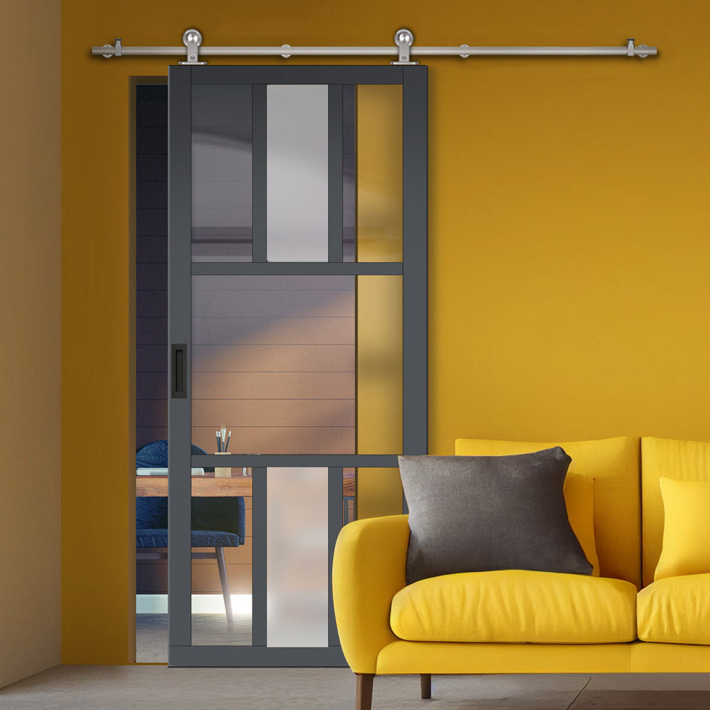 Sirius Tubular Stainless Steel Track & Solid Wood Door - Eco-Urban® Tasmania 7 Pane Door DD6425G Clear Glass(2 FROSTED PANE) - 6 Colour Options