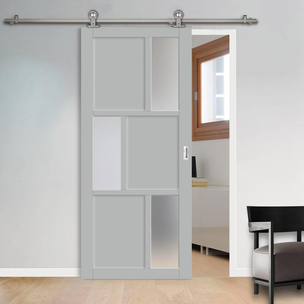 Sirius Tubular Stainless Steel Track & Solid Wood Door - Eco-Urban® Tokyo 3 Pane 3 Panel Door DD6423SG Frosted Glass - 6 Colour Options