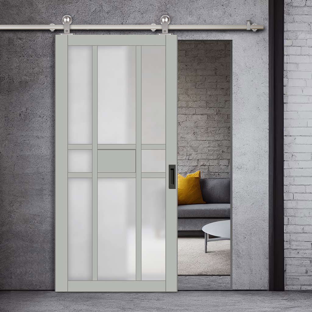 Sirius Tubular Stainless Steel Track & Solid Wood Door - Eco-Urban® Tromso 8 Pane 1 Panel Door DD6402SG Frosted Glass - 6 Colour Options