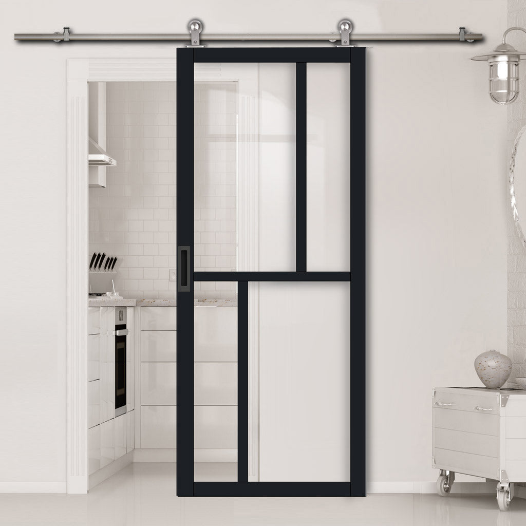 Sirius Tubular Stainless Steel Track & Solid Wood Door - Eco-Urban® Hampton 4 Pane Door DD6413G Clear Glass - 6 Colour Options