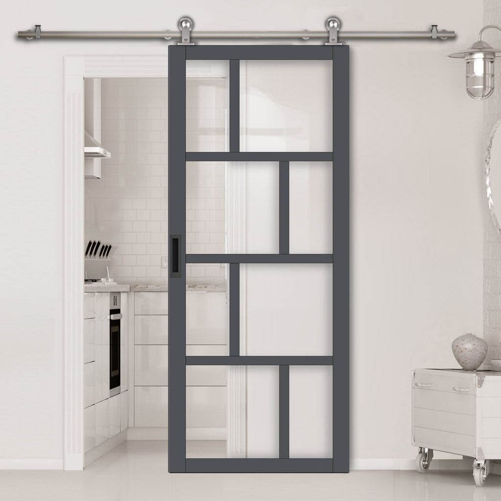 Sirius Tubular Stainless Steel Track & Solid Wood Door - Eco-Urban® Kochi 8 Pane Door DD6415G Clear Glass - 6 Colour Options