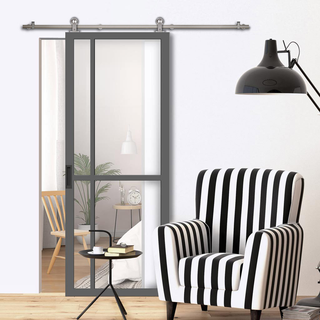 Sirius Tubular Stainless Steel Track & Solid Wood Door - Eco-Urban® Marfa 4 Pane Door DD6313G - Clear Glass - 6 Colour Options