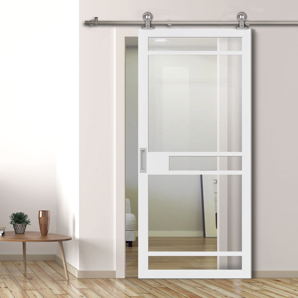 Sirius Tubular Stainless Steel Track & Solid Wood Door - Eco-Urban® Sheffield 5 Pane Door DD6312G - Clear Glass - 6 Colour Options