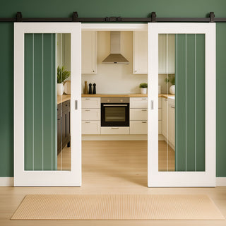 Image: Top Mounted Sliding Track & Double Door - Ely Glazed Door - Clear Etched Glass - White Primed