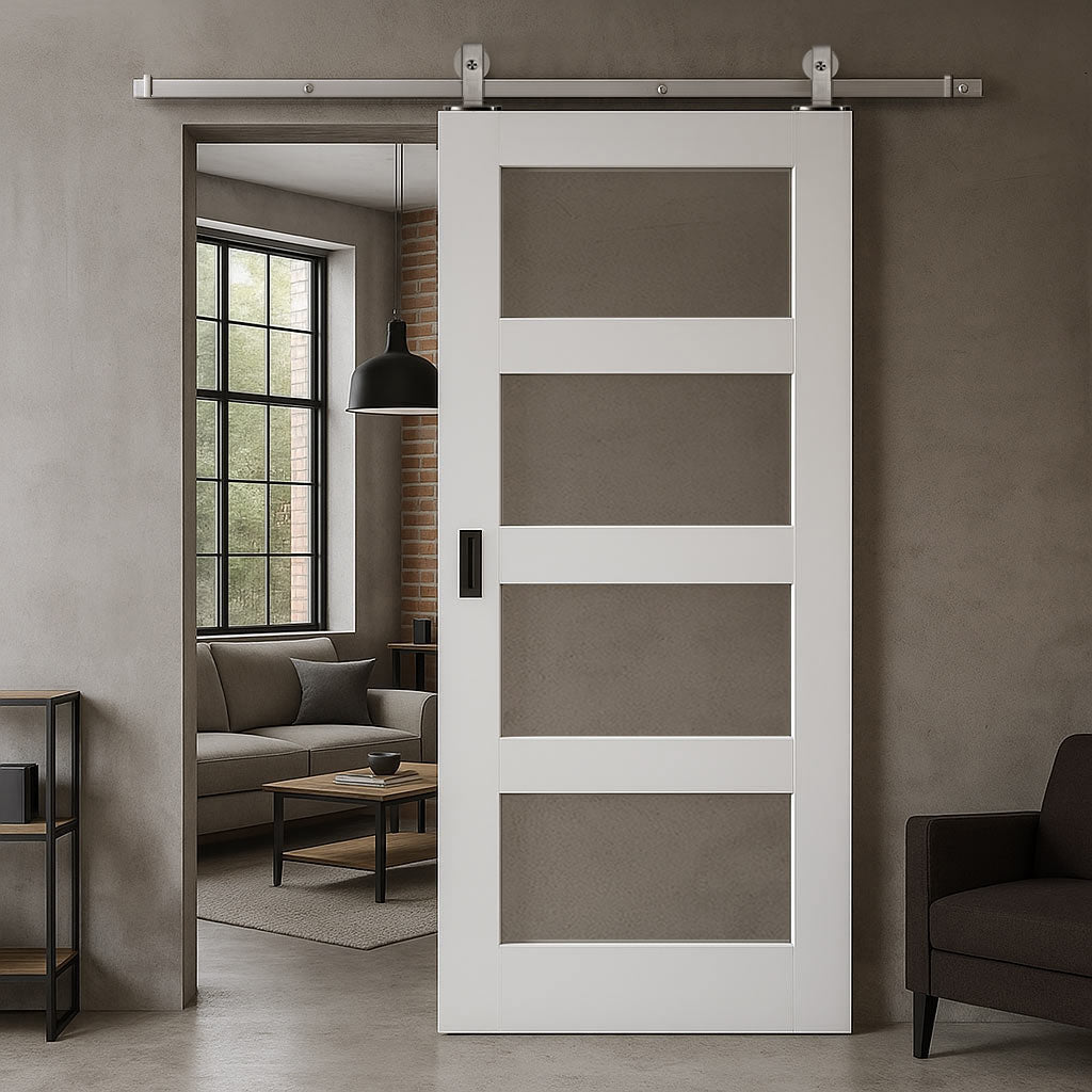 Top Mounted Stainless Steel Sliding Track & Door - Coventry White Primed Shaker Door - Clear Glass