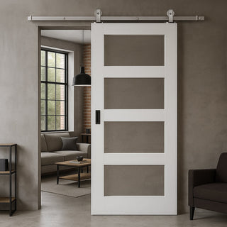 Image: Top Mounted Stainless Steel Sliding Track & Door - Coventry White Primed Shaker Door - Clear Glass