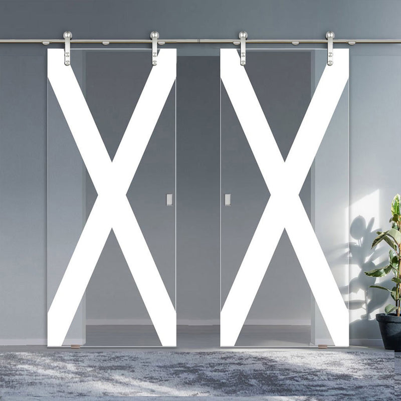 Double Glass Sliding Door - Solaris Tubular Stainless Steel Sliding Track & The Saltire Flag  8mm Clear Glasss - Obscure Printed Design