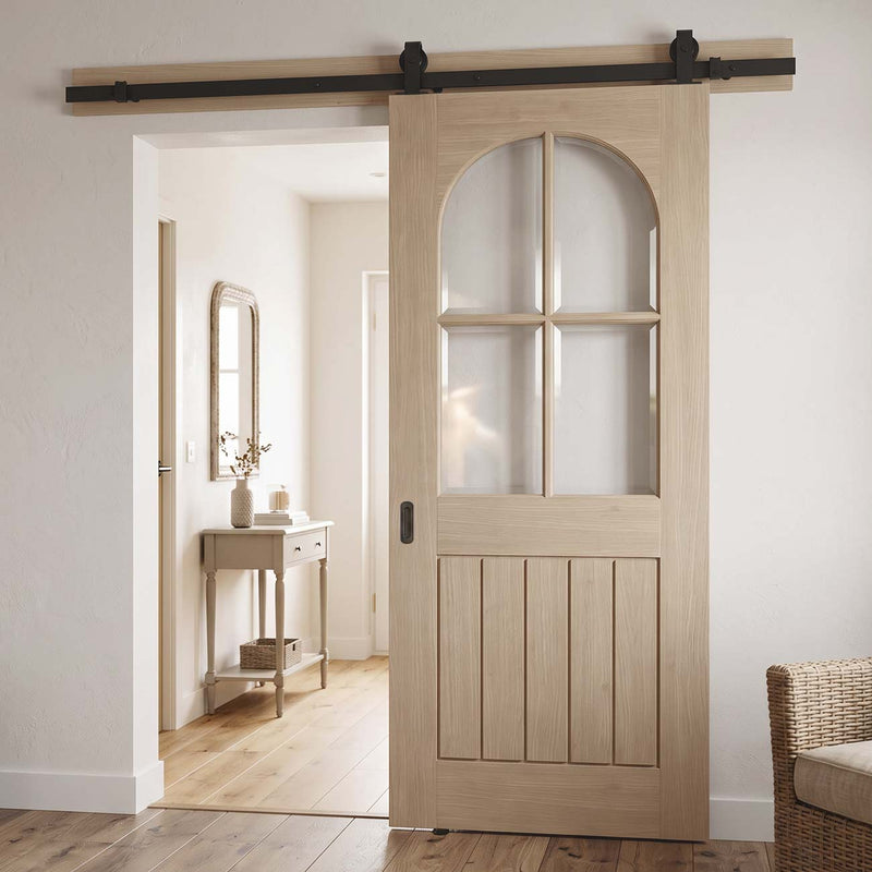 Top Mounted Black Sliding Track & Door - Mexicano Oak Internal Door - Arched Square Top - Clear Glass - Prefinished