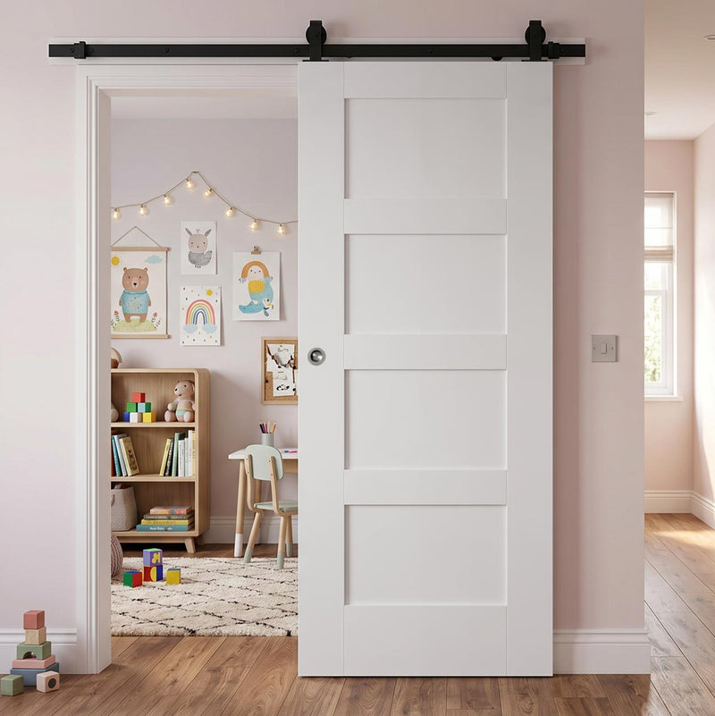 Top Mounted Black Sliding Track & Door - Shaker 4P Door - White Primed